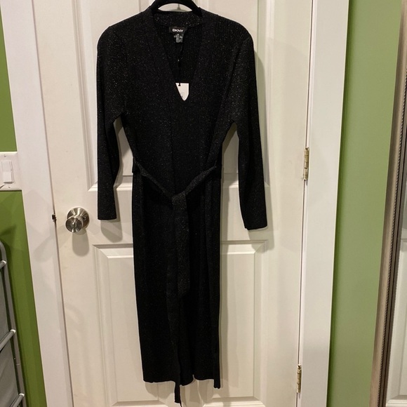 DKNY Sparkly Fitted Black Belted Midi Dress NWT - Picture 5 of 15
